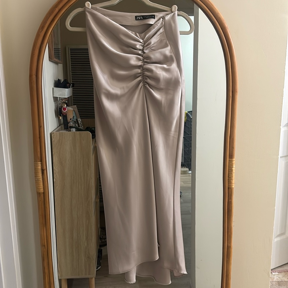 ZARA CHAMPAGNE RUCHED HIGH SLIT DRESS
